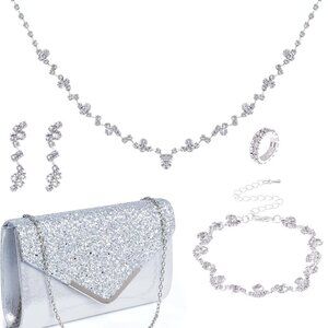 5 Pcs Women Purse Rhinestone Wedding Jewelry Set Crystal Bridal Necklace Bracele
